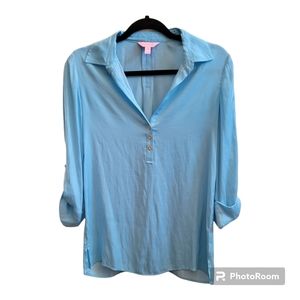 Lilly Pulitzer Everglades Tunic Long Roll Tab Sleeve Blouse Blue Size XS